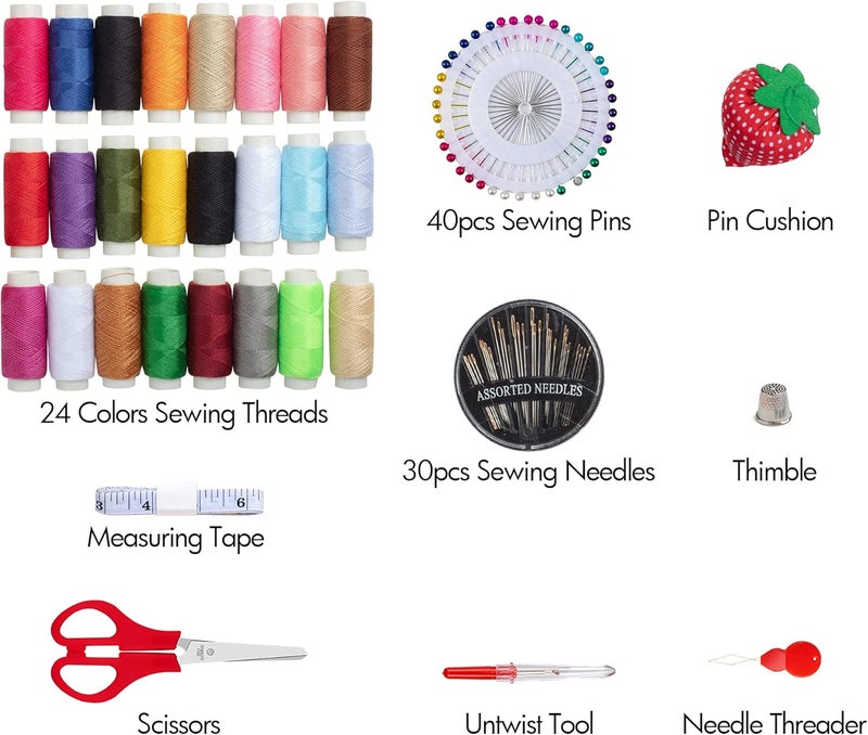 LoDrid Sewing Kit, Portable Flannel Bag with Complete Sewing Supplies for Travel, Sewing Repair Tool for Adult & Beginner, 24 Color Threads, 30 Needles & Sewing Accessories, Dusty Rose - Image 2
